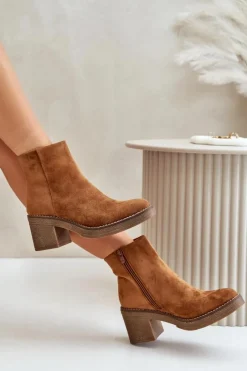 Discount Botki Na Obcasie Słupku Eko Zamszowe Ocieplane Na Zamek Camel Lerallea Damskie Botki Wiosenne|Botki Ocieplane