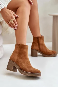 Discount Botki Na Obcasie Słupku Eko Zamszowe Ocieplane Na Zamek Camel Lerallea Damskie Botki Wiosenne|Botki Ocieplane