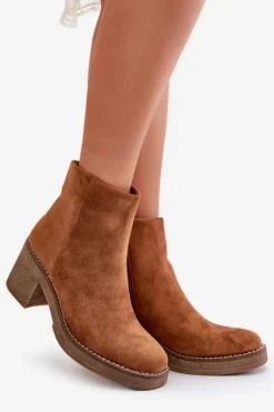 Discount Botki Na Obcasie Słupku Eko Zamszowe Ocieplane Na Zamek Camel Lerallea Damskie Botki Wiosenne|Botki Ocieplane