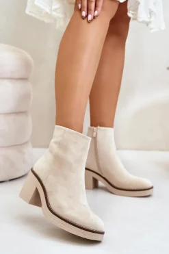 Botki Wiosenne|Brązowe I Beżowe Botki>Boto Botki Na Obcasie Słupku Eko Zamszowe Ocieplane Na Zamek Beżowe Lerallea