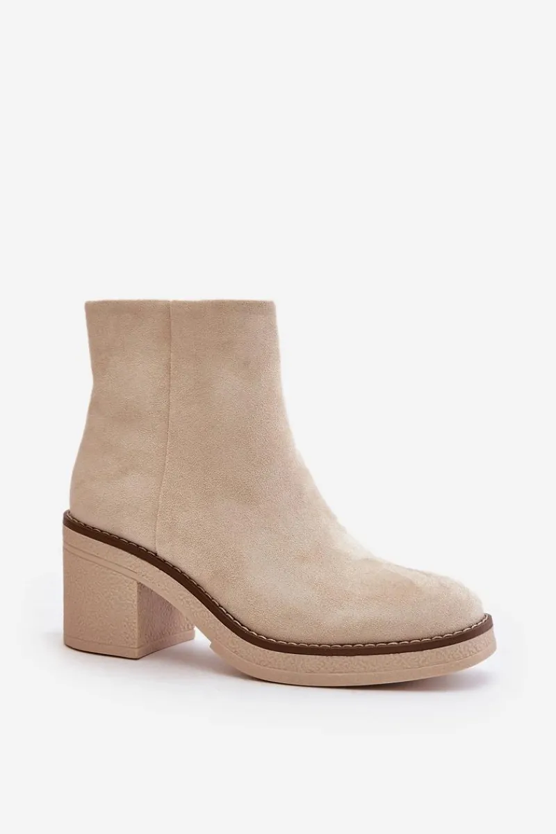 Botki Wiosenne|Brązowe I Beżowe Botki>Boto Botki Na Obcasie Słupku Eko Zamszowe Ocieplane Na Zamek Beżowe Lerallea