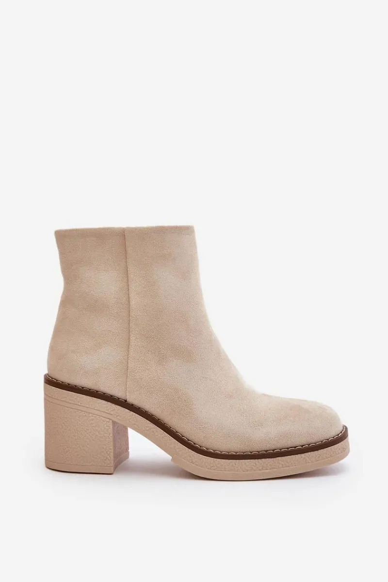 Botki Wiosenne|Brązowe I Beżowe Botki>Boto Botki Na Obcasie Słupku Eko Zamszowe Ocieplane Na Zamek Beżowe Lerallea