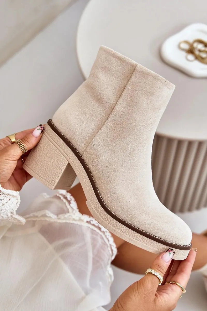 Botki Wiosenne|Brązowe I Beżowe Botki>Boto Botki Na Obcasie Słupku Eko Zamszowe Ocieplane Na Zamek Beżowe Lerallea