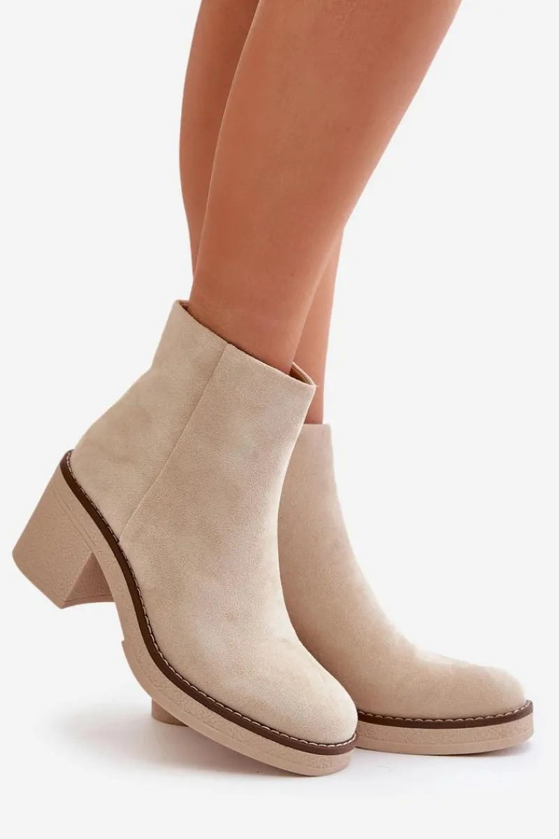 Botki Wiosenne|Brązowe I Beżowe Botki>Boto Botki Na Obcasie Słupku Eko Zamszowe Ocieplane Na Zamek Beżowe Lerallea