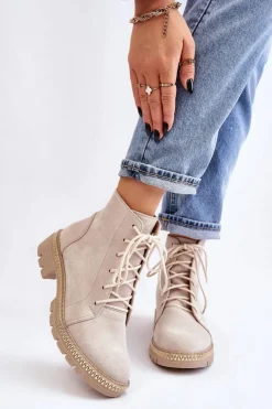 Botki Wiosenne|Botki Skórzane>Boto Botki Na Płaskim Obcasie Lewski Shoes 3285 Jasnobeżowe