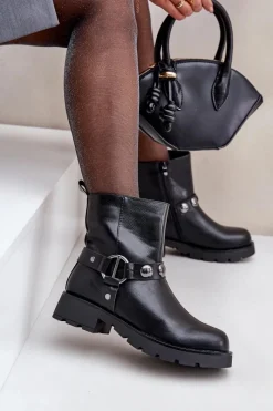 Discount Botki Na Płaskim Obcasie Ocieplane Z Ozdobnymi Paskami Czarne Felilania Damskie Botki Ocieplane|Czarne Botki