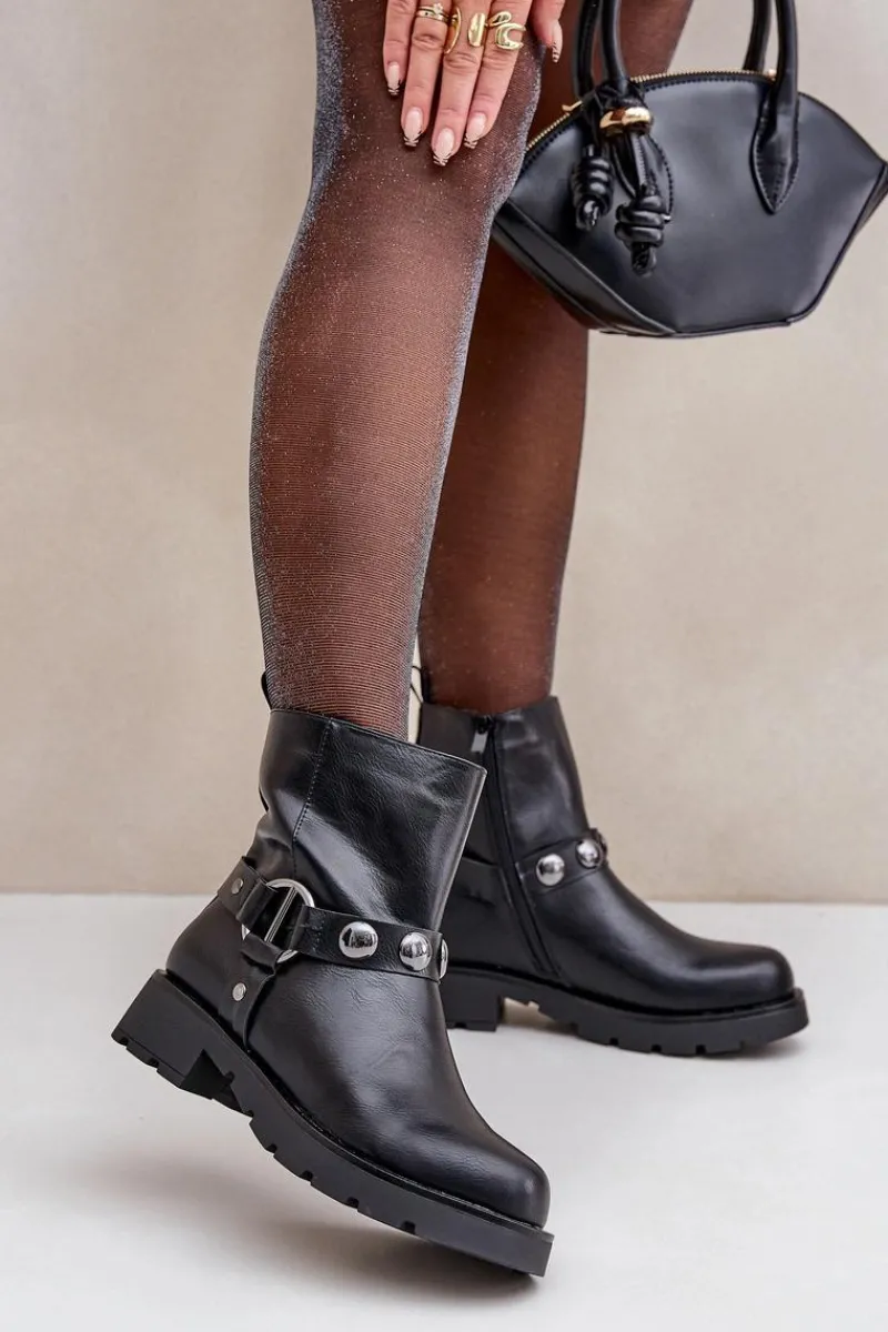 Discount Botki Na Płaskim Obcasie Ocieplane Z Ozdobnymi Paskami Czarne Felilania Damskie Botki Ocieplane|Czarne Botki