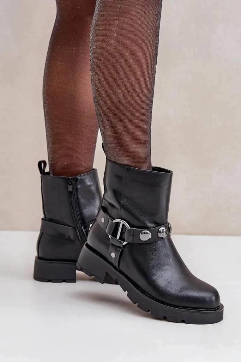 Discount Botki Na Płaskim Obcasie Ocieplane Z Ozdobnymi Paskami Czarne Felilania Damskie Botki Ocieplane|Czarne Botki