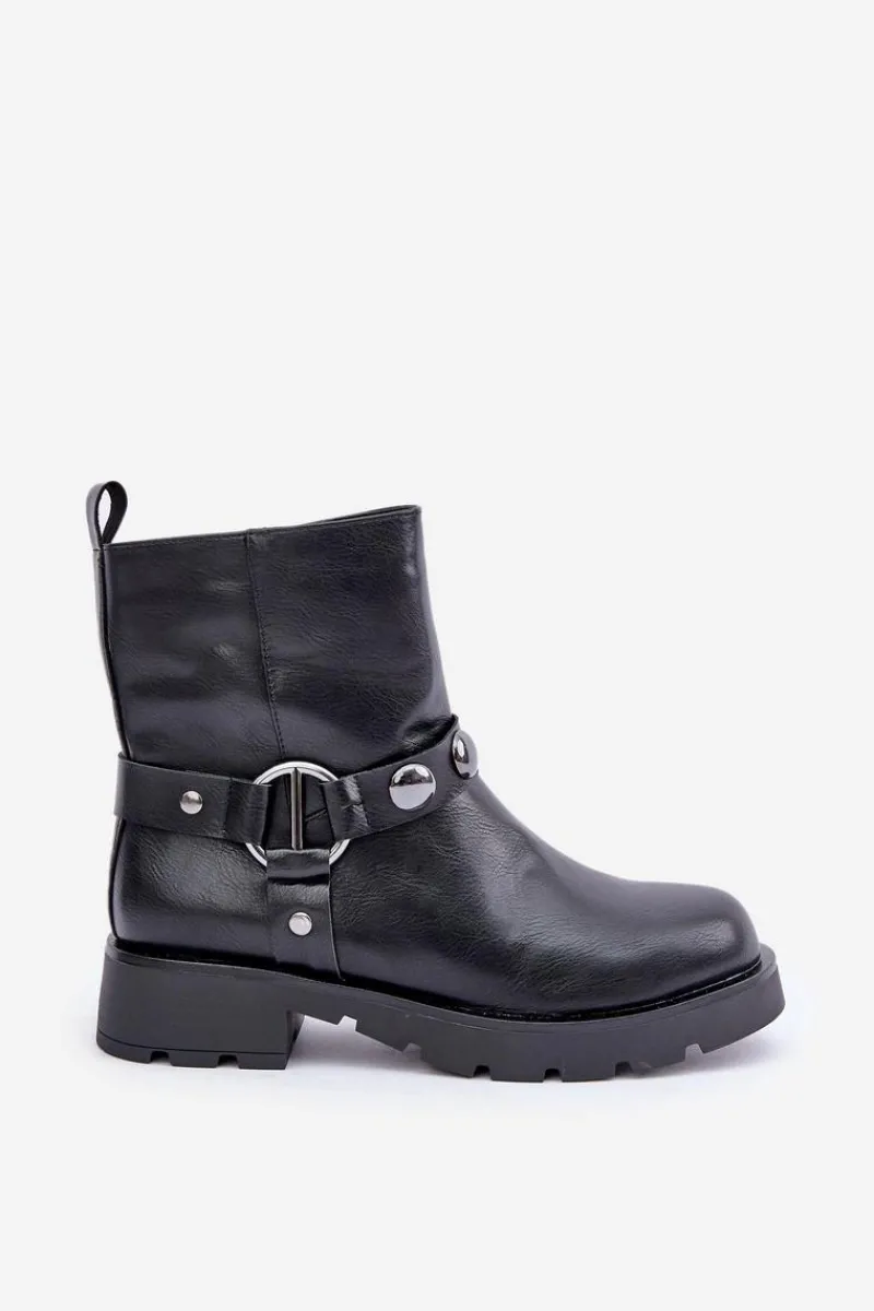 Discount Botki Na Płaskim Obcasie Ocieplane Z Ozdobnymi Paskami Czarne Felilania Damskie Botki Ocieplane|Czarne Botki