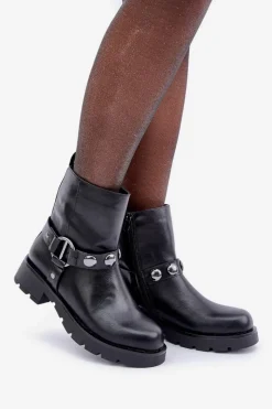 Discount Botki Na Płaskim Obcasie Ocieplane Z Ozdobnymi Paskami Czarne Felilania Damskie Botki Ocieplane|Czarne Botki