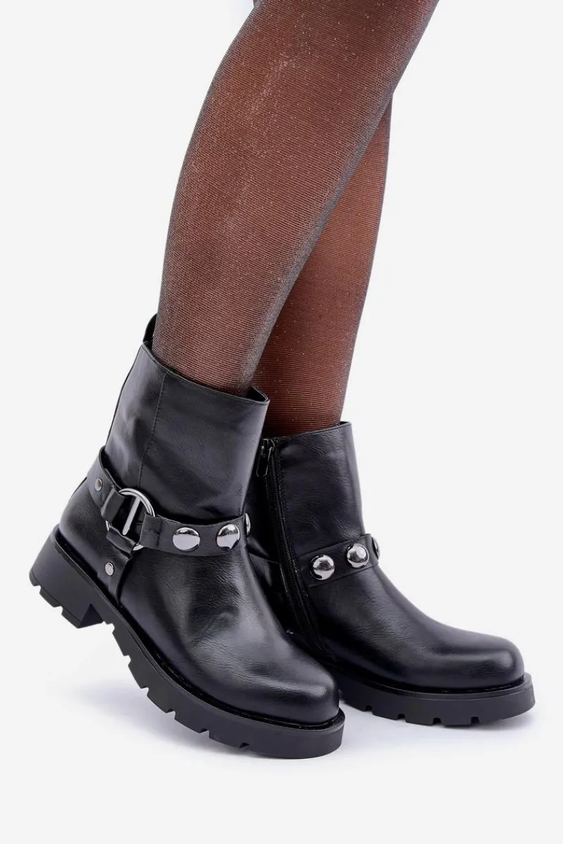 Discount Botki Na Płaskim Obcasie Ocieplane Z Ozdobnymi Paskami Czarne Felilania Damskie Botki Ocieplane|Czarne Botki