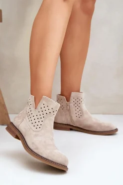 Botki Ażurowe|Botki Płaskie>Boto Botki Na Płaskim Obcasie Z Ażurową Cholewką Jasnobeżowe Elivaya