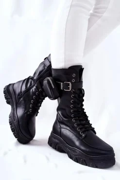 Hot Botki Na Platformie Z Nerką Czarne Issanti Damskie Botki Sznurowane|Czarne Botki