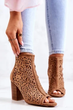 Outlet Boto Botki Na Słupku Ażurowe Camel Brittany