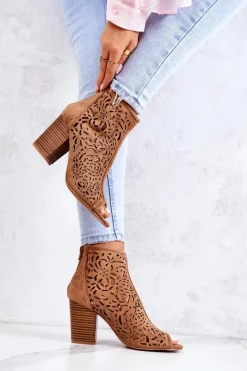 Outlet Boto Botki Na Słupku Ażurowe Camel Brittany