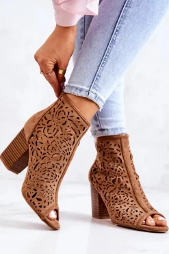 Outlet Boto Botki Na Słupku Ażurowe Camel Brittany