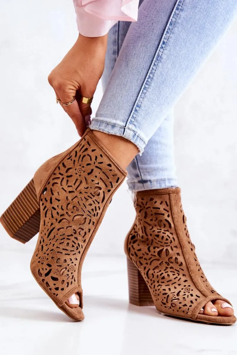 Outlet Boto Botki Na Słupku Ażurowe Camel Brittany