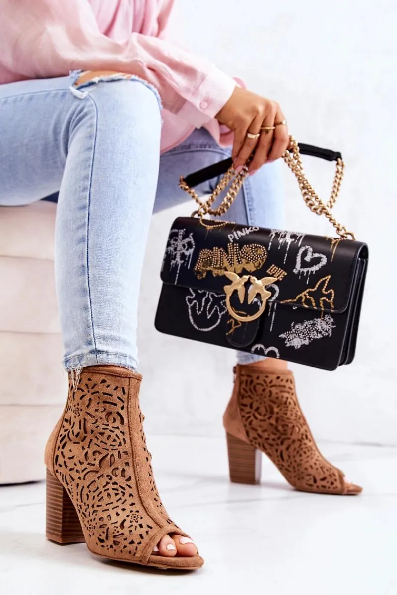 Outlet Boto Botki Na Słupku Ażurowe Camel Brittany