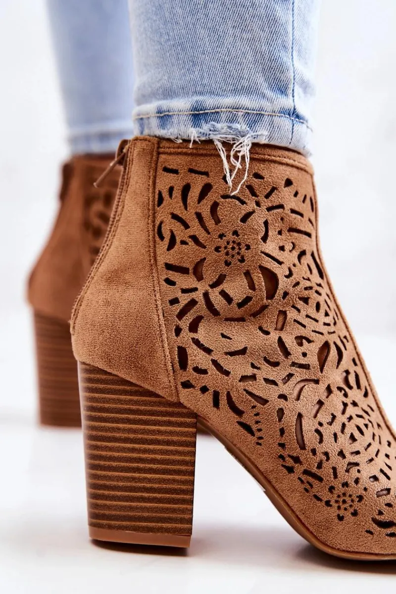 Outlet Boto Botki Na Słupku Ażurowe Camel Brittany