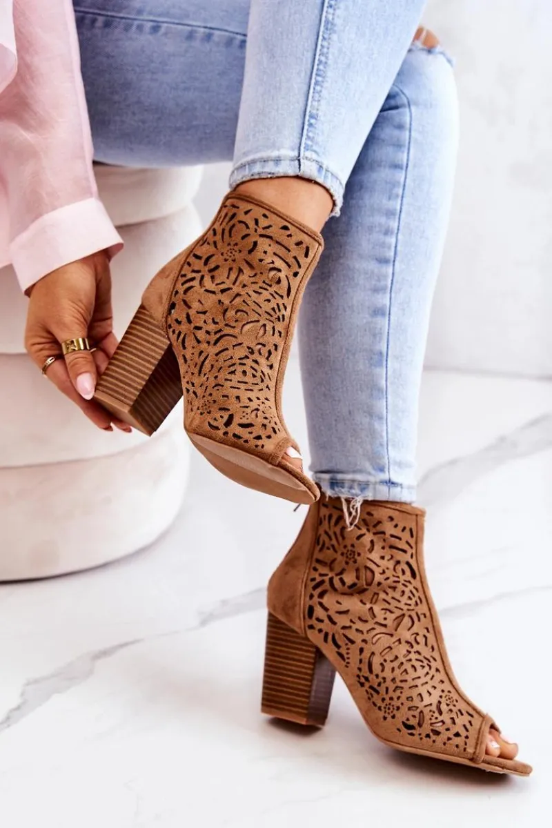 Outlet Boto Botki Na Słupku Ażurowe Camel Brittany