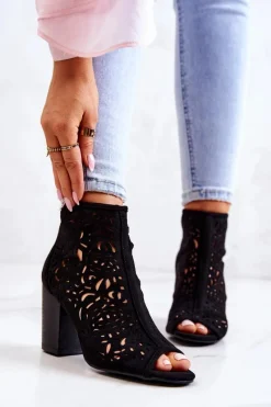 Online Botki Na Słupku Ażurowe Czarne Brittany Damskie Botki Wiosenne|Botki Na Słupku