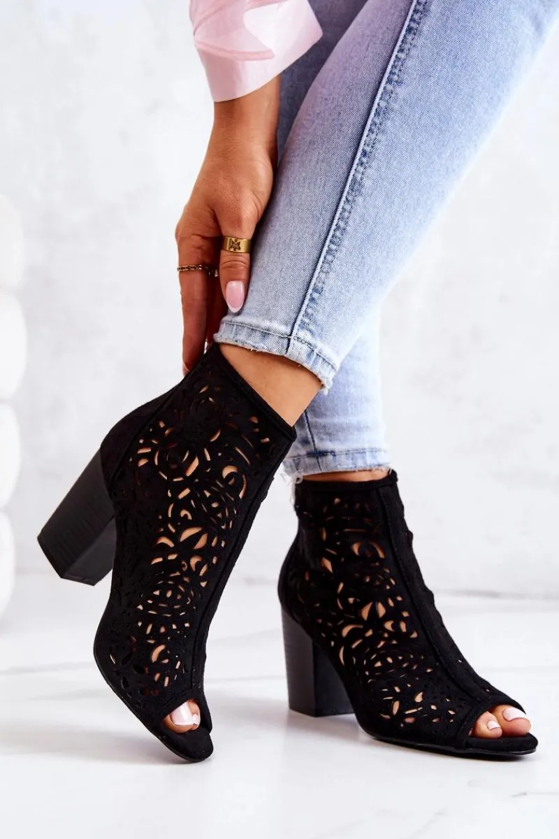 Online Botki Na Słupku Ażurowe Czarne Brittany Damskie Botki Wiosenne|Botki Na Słupku