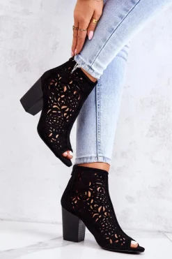 Online Botki Na Słupku Ażurowe Czarne Brittany Damskie Botki Wiosenne|Botki Na Słupku