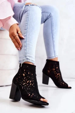 Online Botki Na Słupku Ażurowe Czarne Brittany Damskie Botki Wiosenne|Botki Na Słupku