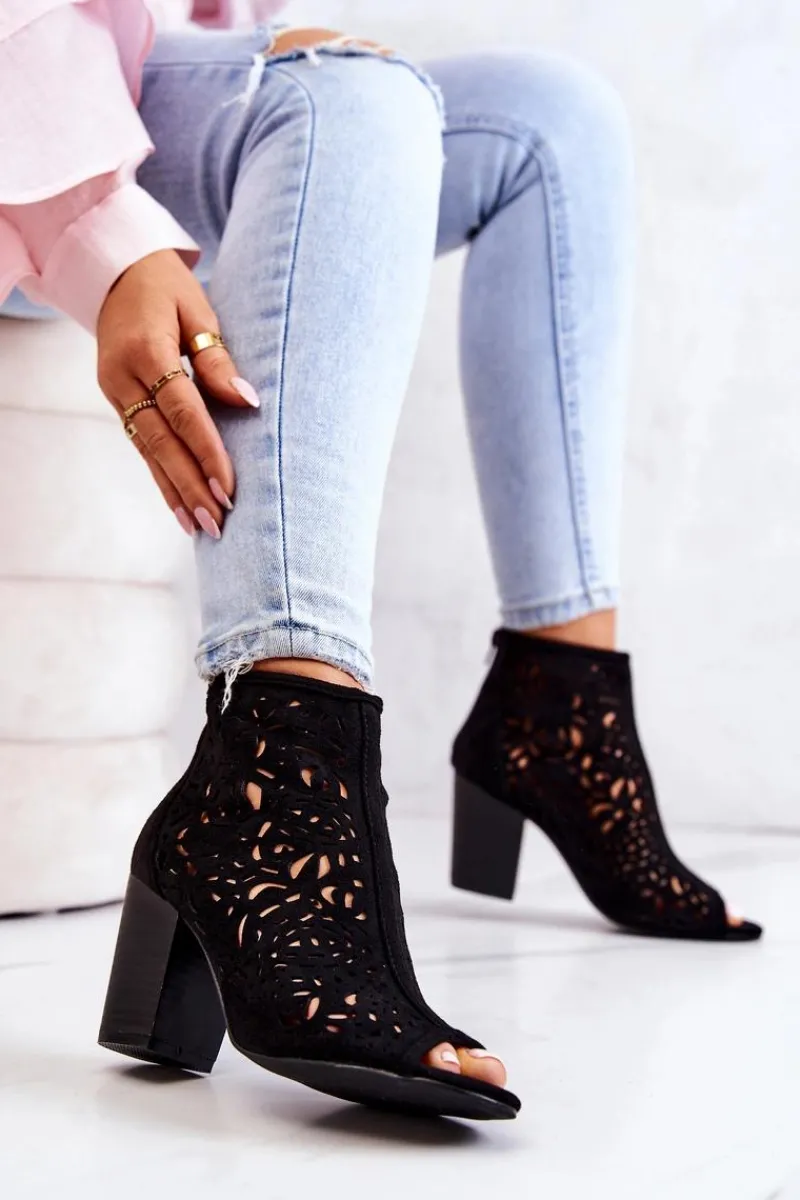 Online Botki Na Słupku Ażurowe Czarne Brittany Damskie Botki Wiosenne|Botki Na Słupku