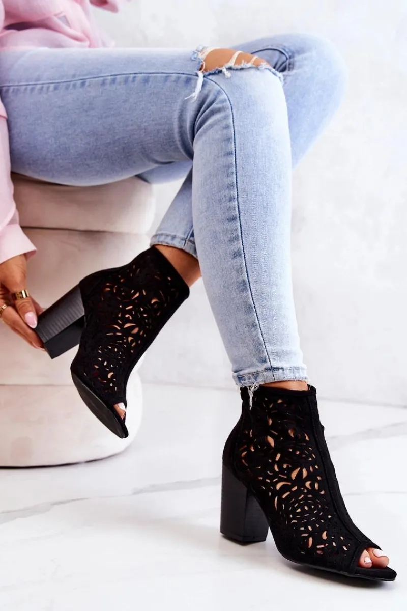 Online Botki Na Słupku Ażurowe Czarne Brittany Damskie Botki Wiosenne|Botki Na Słupku