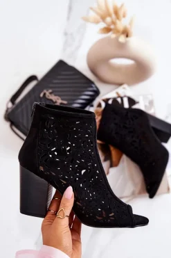 Online Botki Na Słupku Ażurowe Czarne Brittany Damskie Botki Wiosenne|Botki Na Słupku