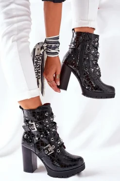 Outlet Boto Botki Na Słupku Czarne Lakierowane Krokodyl Wombridge