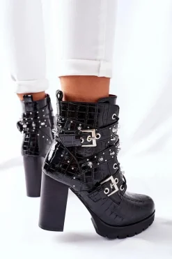 Outlet Boto Botki Na Słupku Czarne Lakierowane Krokodyl Wombridge