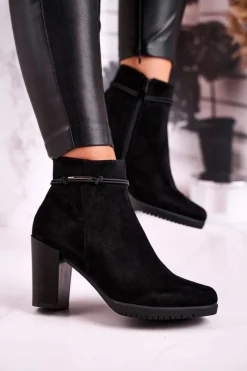 Outlet Botki Na Słupku Sergio Leone Zamszowe Czarne BT306 Damskie Botki Na Słupku|Czarne Botki