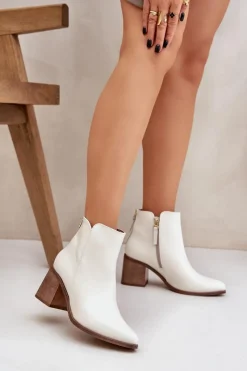Discount Botki Na Słupku Skóra Naturalna Zazoo 3673 Białe Damskie Botki Wiosenne|Botki Ażurowe