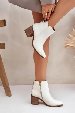 Discount Botki Na Słupku Skóra Naturalna Zazoo 3673 Białe Damskie Botki Wiosenne|Botki Ażurowe