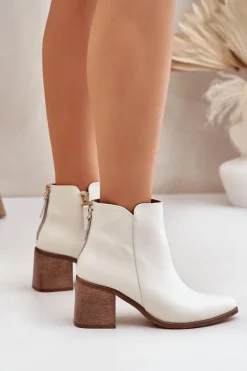 Discount Botki Na Słupku Skóra Naturalna Zazoo 3673 Białe Damskie Botki Wiosenne|Botki Ażurowe