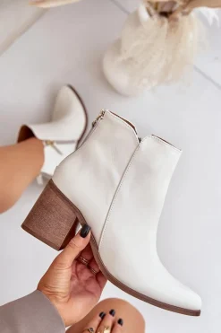 Discount Botki Na Słupku Skóra Naturalna Zazoo 3673 Białe Damskie Botki Wiosenne|Botki Ażurowe