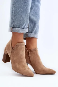 Discount Botki Na Słupku Z Ażurowym Wzorem Beżowe Vailen Damskie Botki Wiosenne|Botki Na Słupku