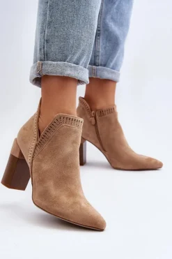 Discount Botki Na Słupku Z Ażurowym Wzorem Beżowe Vailen Damskie Botki Wiosenne|Botki Na Słupku