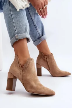 Discount Botki Na Słupku Z Ażurowym Wzorem Beżowe Vailen Damskie Botki Wiosenne|Botki Na Słupku