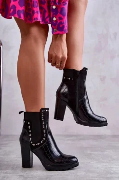 Hot Boto Botki Na Słupku Z Dżetami Wężowe Czarne Wissey