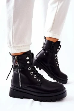 Outlet Boto Botki Na Suwak Z Wiązaniem Czarne Elissmo