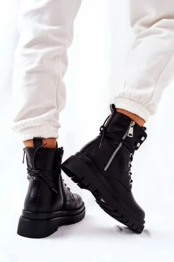 Outlet Boto Botki Na Suwak Z Wiązaniem Czarne Elissmo