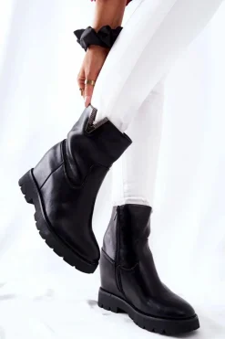 Outlet Botki Na Ukrytym Koturnie Z Emblematem Czarne Tivera Damskie Botki Na Koturnie|Czarne Botki