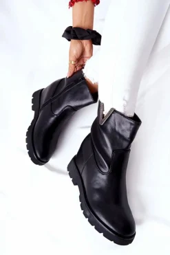 Outlet Botki Na Ukrytym Koturnie Z Emblematem Czarne Tivera Damskie Botki Na Koturnie|Czarne Botki