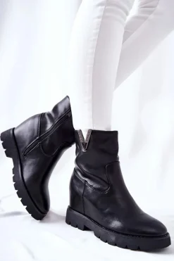 Outlet Botki Na Ukrytym Koturnie Z Emblematem Czarne Tivera Damskie Botki Na Koturnie|Czarne Botki