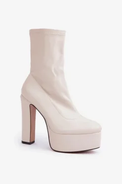 Hot Boto Botki Na Wysokim Obcasie Słupku I Platformie Jasnobeżowe Tennira Beżowy