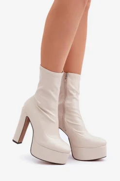 Hot Boto Botki Na Wysokim Obcasie Słupku I Platformie Jasnobeżowe Tennira Beżowy