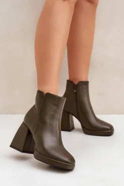 New Boto Botki Na Wysokim Obcasie Słupku Eko Skórzane Ciemnozielone Selarae Zielony